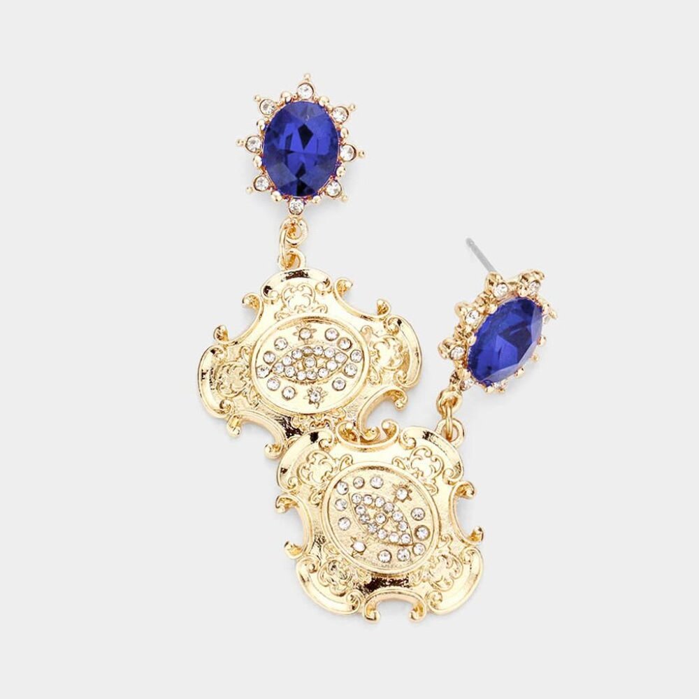 NEW Rhinestone Gold Dipped Evil Eye Theme Sapphire Ruby Emerald Baroque Earrings